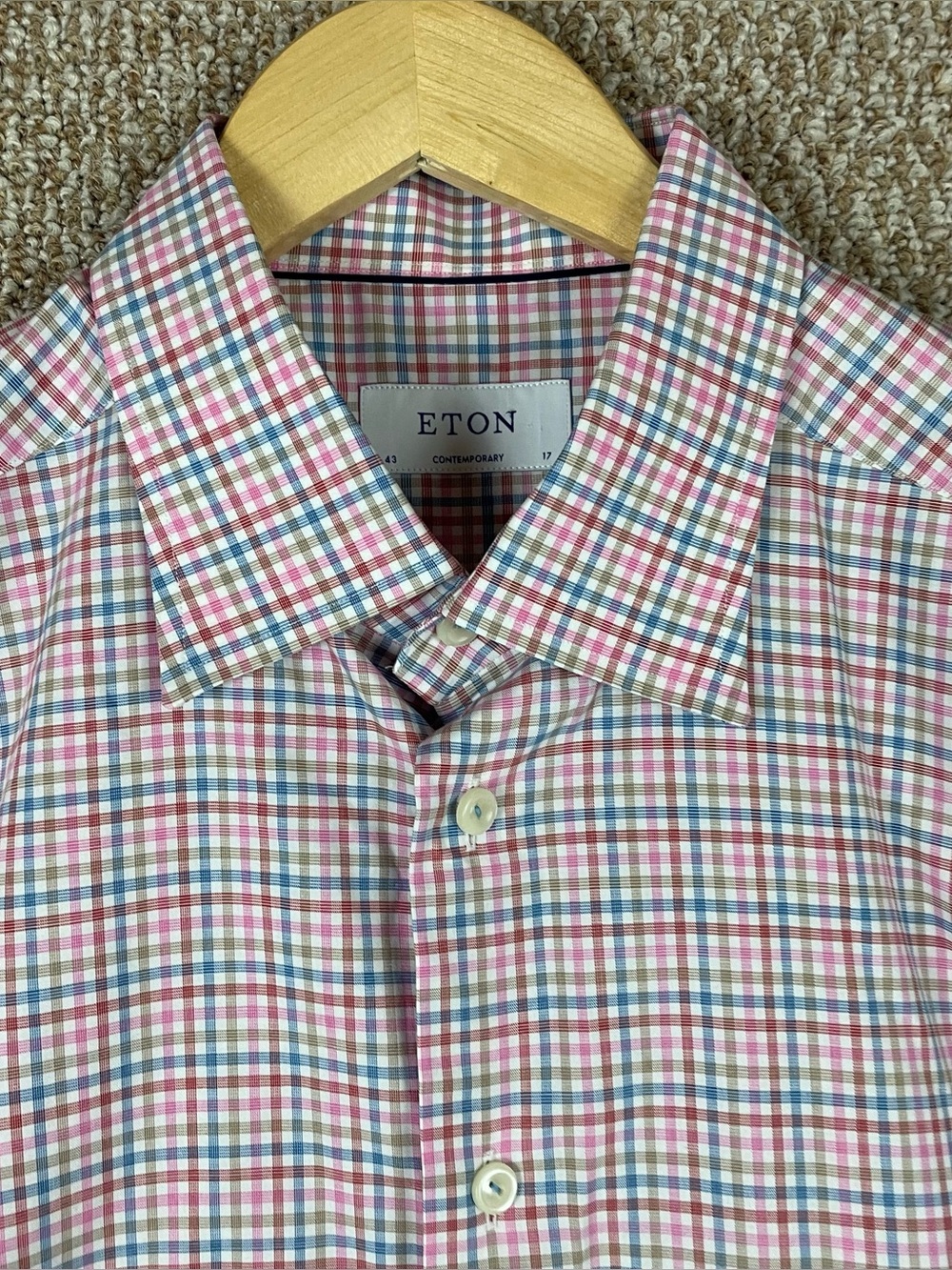 Eton Men’s 17 43 Button Up Blue Pink Plaid Long Sleeve Work Office T581